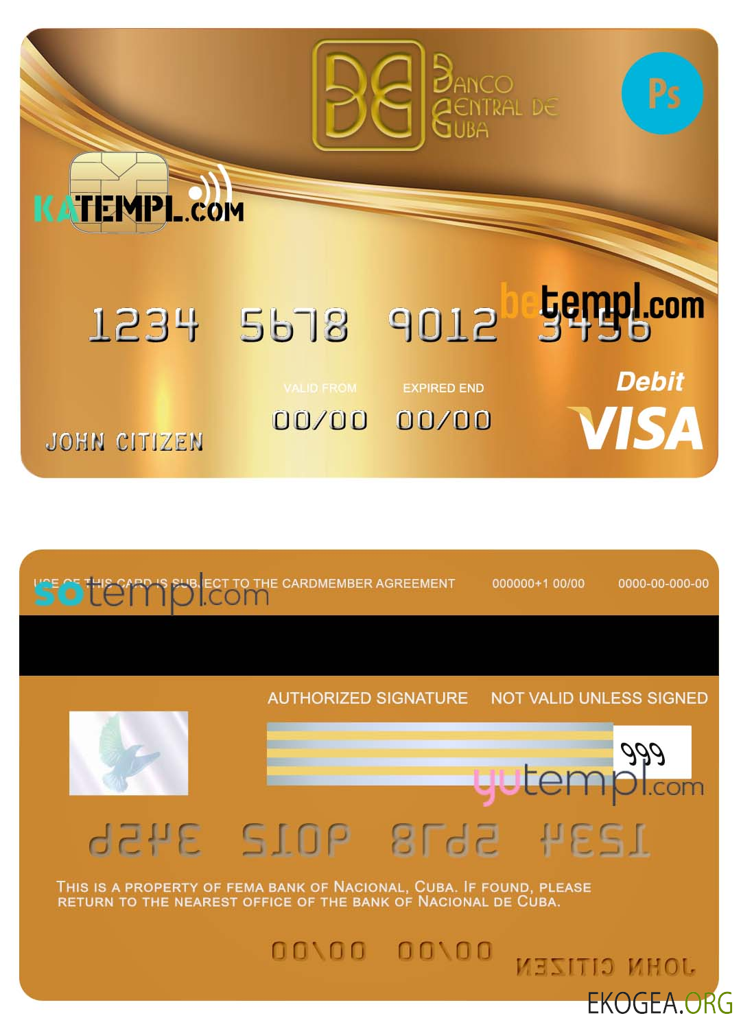 Modèle de carte de crédit visa bancaire Cuba Nacional au format PSD, entièrement modifiable